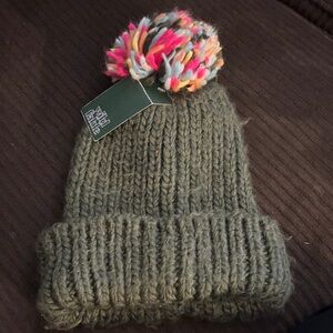 Wild Fable Olive Knit Beanie with Colorful Pom-Pom